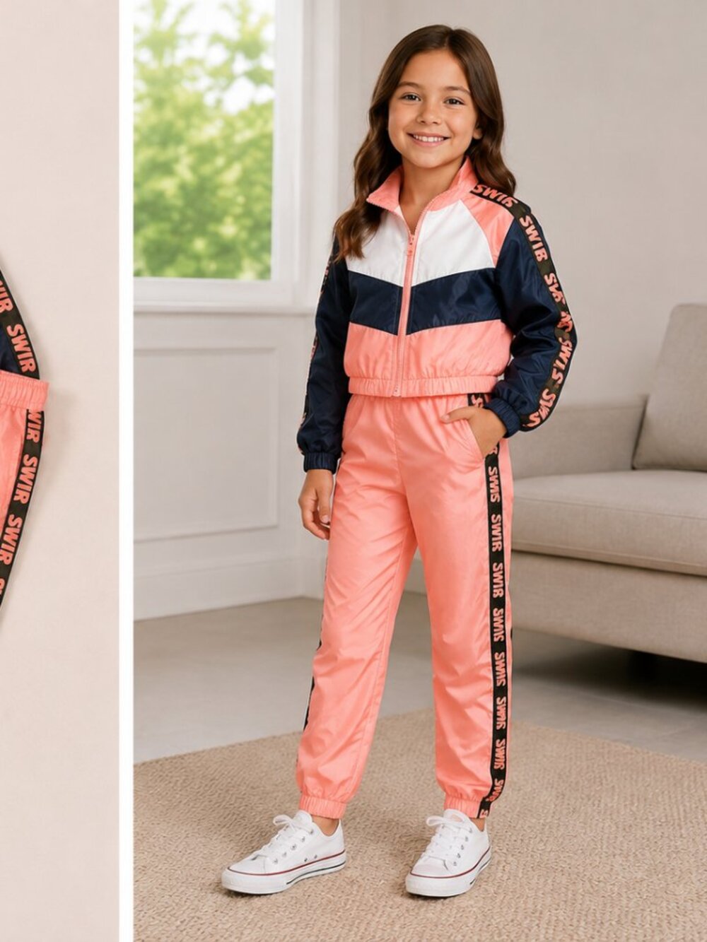 Lolanta Girls Coral Navy Colorblock Windbreaker Tracksuit Set Size 7/8 Like New